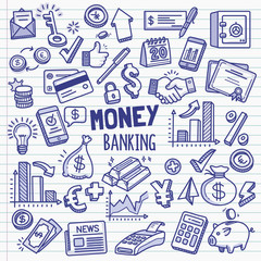 Money and Banking Design elements. Vector Doodle Illustration Set in Ballpoint Pen Style.