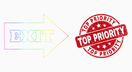 Dot spectral exit arrow mosaic icon and Top Priority stamp. Red vector round scratched seal stamp with Top Priority phrase. Vector composition in flat style.