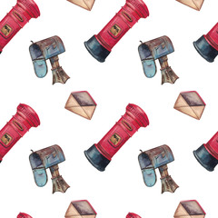 Watercolor seamless pattern with letters, red and blue retro mailboxes