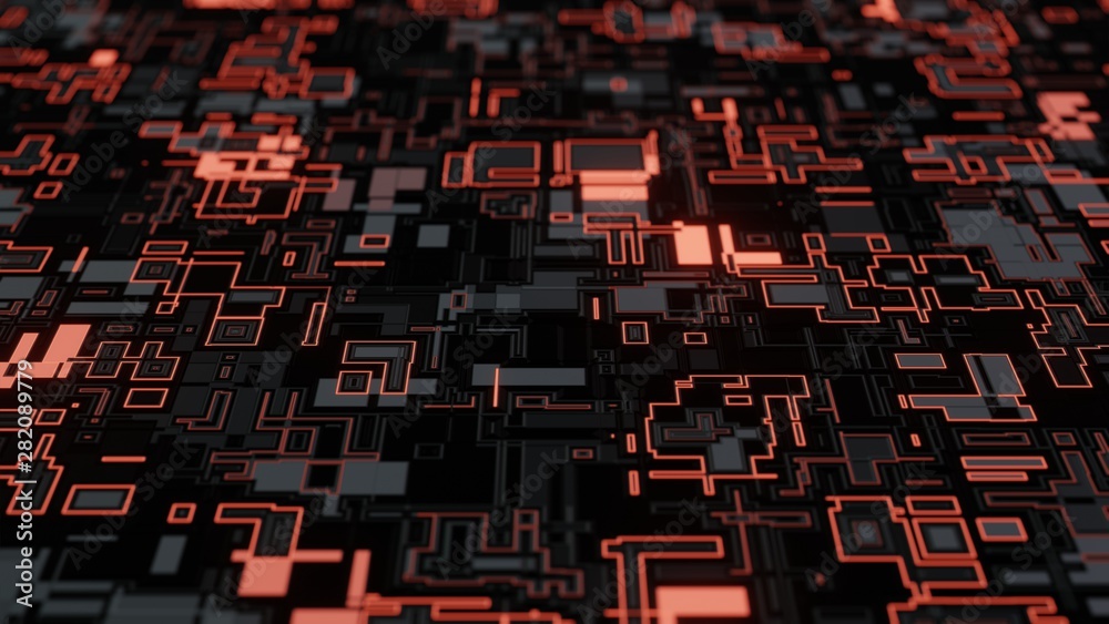Poster 3d rendering of abstract circuit pcb board with glowing led red color. concept for technology backgr