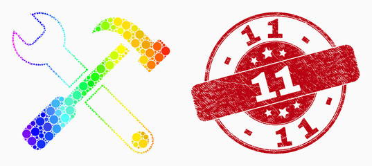 Dot spectral tools mosaic pictogram and 11 seal stamp. Red vector round scratched seal with 11 caption. Vector combination in flat style. Spectral gradient tools mosaic of randomized dots,