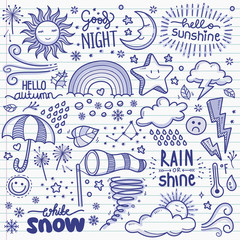 Weather Design elements. Vector Doodle Illustration Set in Ballpoint Pen Style.