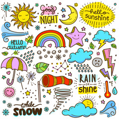 Weather Design elements. Colorful Vector Doodle Cartoon Illustration Set.