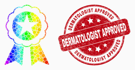 Dot spectrum star seal mosaic icon and Dermatologist Approved seal stamp. Red vector round textured seal stamp with Dermatologist Approved phrase. Vector composition in flat style.