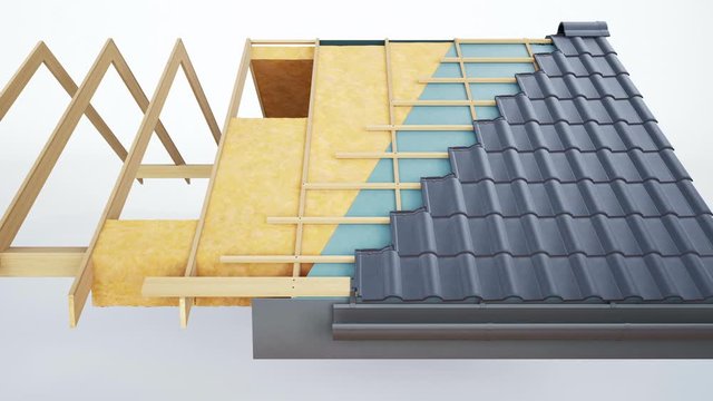 Cross section of roof construction, constructive and technological layers, grey classic tiles. 60 fps animation.