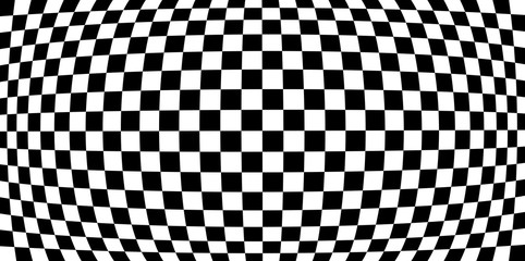 Magnifier or fish eye distortion effects on checkered pattern, monochrome black and white EPS10 vector background.
