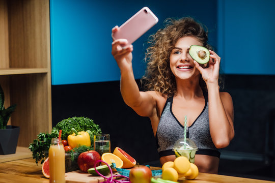 Healthy green eat, selfie girl taking picture or video vlog for social network of clean food diet.