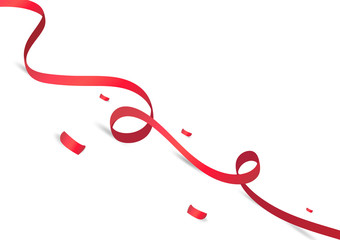 Red ribbons with confetti paper slope floor on white background, celebration vector