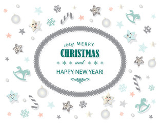 Merry Christmas and New year card template. With cute decorative elements.