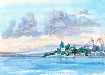 Fototapeta na wymiar Beautiful watercolor landscape. View of the sea, green shore and port. Sevastopol, Crimea.