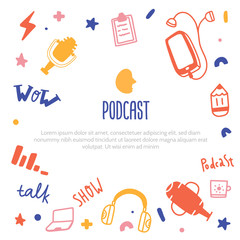 Podcast concept in doodle style. Live music banner. Karaoke icon. Speaker symbol.