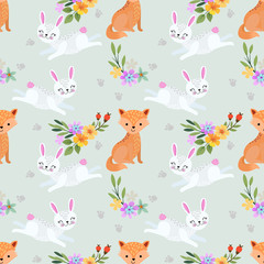 Foxes and rabbits seamless pattern.