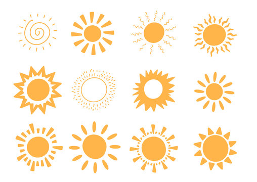 Doodle vector sun collection. Sunshine summer concept. Abstract warm shape. Cute Background