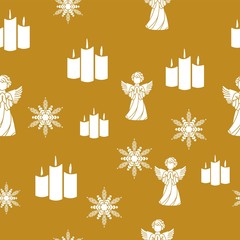 Elegant Christmas Gold Background with White Snowflakes. Vector illustration. Wrapping paper. Seamless graphic pattern