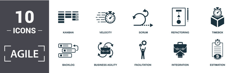 Agile icon set. Contain filled flat Backlog ,Business Agility ,Estimation ,Facilitation ,Integration ,Kanban ,Refactoring ,Scrum ,Timebox ,Velocity icons. Editable format
