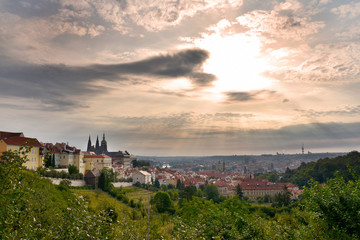 Fototapeta na wymiar Prague Castle panorama stock images. Sunrise over Prague stock images. Ancient architecture in Prague. Prague old town. View of the Hradcany. Parks and open spaces in Prague