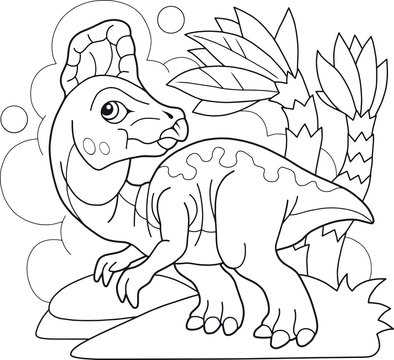 Cartoon cute prehistoric dinosaur Corythosaurus, coloring book, funny illustration