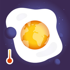 Vector illustration of the global warming social issue. Planet Earth like a fried egg.  Abstract design with outer space,fever heat, thermometer for banner,poster about caring for and saving the World