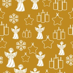 Elegant Christmas Gold Background with White Snowflakes. Vector illustration. Wrapping paper. Seamless graphic pattern