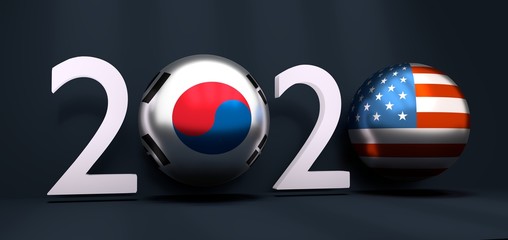 Communication concept. USA and South Korea business cooperation. 3D rendering. 2020 year number
