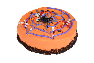 closeup orange Halloween cake with spider isolated