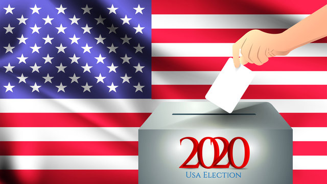 Male hand puts down a white sheet of paper with a mark as a symbol of a ballot paper against the background of the America flag, USA the symbol of elections and bright light blue background. Usa 2020 