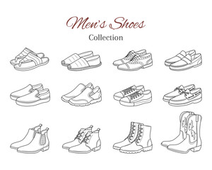 Men's shoes collection. Various types of male shoes casual boots, sneakers, formal shoes, vector sketch illustration, isolated on white background.