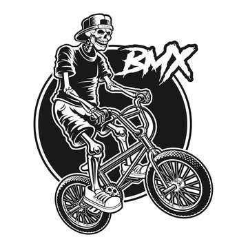 Shirt design of a skeleton is jumping on bmx bike.