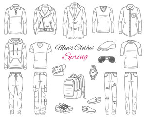 Men's Fashion set, clothes and accessories, spring outfit: coats, jackets, jeans pants, shirts, sportswear, sunglasses and backpack, vector sketch illustration, isolated on white background.