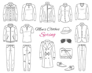 Men's Fashion set, clothes and accessories, spring outfit: coats, jackets, jeans pants, shirts, sportswear, sunglasses and backpack, vector sketch illustration, isolated on white background.