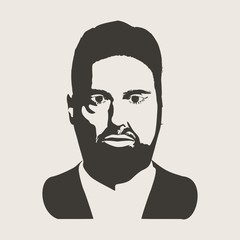 Front view of bearded man. Male face silhouette in contrast backlight