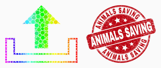 Dotted spectrum upload mosaic icon and Animals Saving seal stamp. Red vector rounded distress seal stamp with Animals Saving title. Vector combination in flat style.
