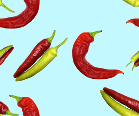 Seamless pattern red and green peppers on blue background. Illustration for Your Design, Wrapping Paper, Web, Wallpaper, Fabric