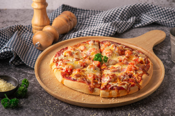 Slice of pizza cheese crust seafood topping sauce. with bell pepper vegetables delicious tasty fast food italian traditional