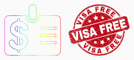 Pixel bright spectral dollar badge mosaic icon and Visa Free seal stamp. Red vector round distress seal stamp with Visa Free text. Vector composition in flat style.