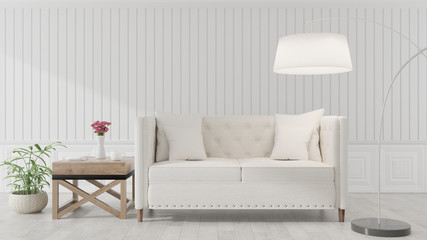 The interior has a White sofa on empty white wall background, 3D rendering