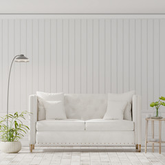 The interior has a White sofa on empty white wall background, 3D rendering