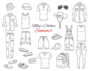 Men's Fashion set, clothes and accessories, summer outfit: t shirts, jeans pants, shirts, shorts, sportswear, sunglasses and backpack, vector sketch illustration, isolated on white background.