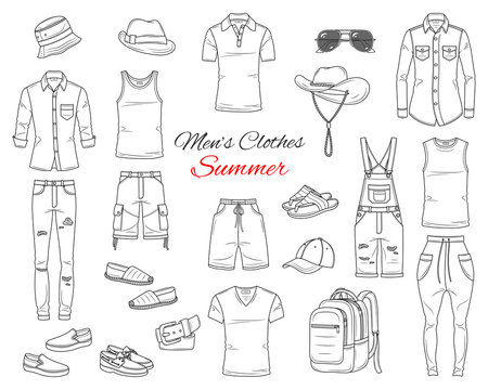 Men's Fashion set, clothes and accessories, summer outfit: t shirts, jeans pants, shirts, shorts, sportswear, sunglasses and backpack, vector sketch illustration, isolated on white background.