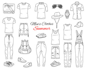 Men's Fashion set, clothes and accessories, summer outfit: t shirts, jeans pants, shirts, shorts, sportswear, sunglasses and backpack, vector sketch illustration, isolated on white background.