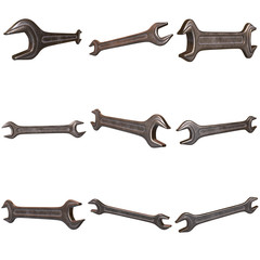 Wrench set. Spanner repair tool. Mechanic or engineer instruments. Support service 3d render illustration isolated on white background.