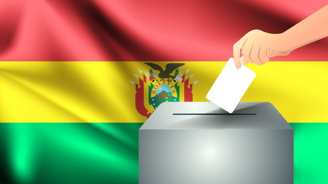 Male hand puts down a white sheet of paper with a mark as a symbol of a ballot paper against the background of the Bolivia flag, Bolivia the symbol of elections and bright flag background. 