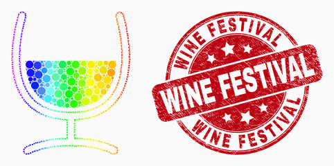 Pixel bright spectral mixture glass mosaic pictogram and Wine Festival stamp. Red vector rounded grunge seal stamp with Wine Festival text. Vector collage in flat style.