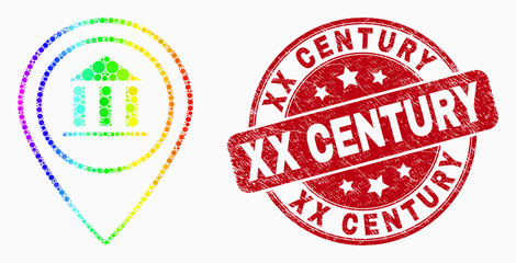 Pixel bright spectral museum map marker mosaic icon and XX Century stamp. Red vector rounded distress seal stamp with XX Century phrase. Vector collage in flat style.