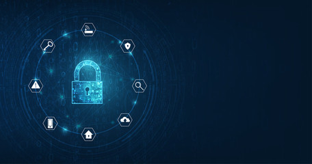 Padlock With Keyhole icon in. personal data security Illustrates cyber data or information privacy idea. blue color abstract hi speed internet technology.