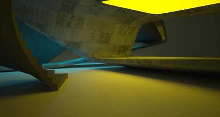 Abstract architectural concrete smooth interior of a minimalist house with color gradient neon lighting. 3D illustration and rendering.