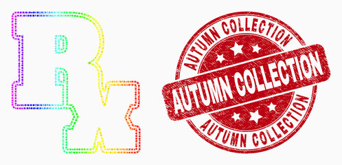 Pixel bright spectral Rx symbol mosaic pictogram and Autumn Collection seal stamp. Red vector rounded distress stamp with Autumn Collection caption. Vector combination in flat style.