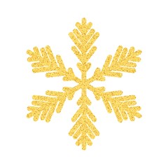 Set glitter snowflakes on white background with glowing lights. Golden sparks on a black backdrop. Kit for decorating festive greeting cards.