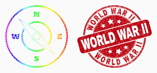 Pixel rainbow gradiented compass mosaic pictogram and World War Ii watermark. Red vector round textured watermark with World War Ii message. Vector combination in flat style.