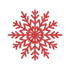 Shining red snowflakes and snow. Merry Christmas card illustration on white background. Sparkling element with glitter texture